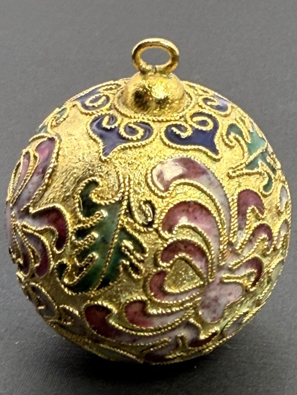 Vintage Cloisonne Enamel Ball Ornament Floral Butterfly Gold Tone 2”